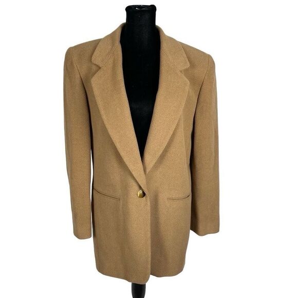 Vintage 90’s Harve’ Benard Tan Herringbone Wool Cashmere Blend Blazer - Women’s - Picture 1 of 6